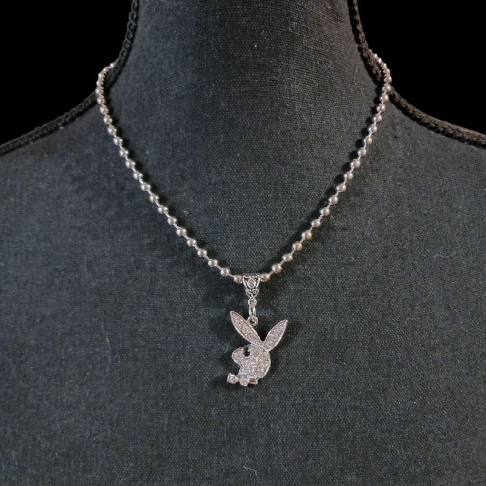 Bunny Choker 🐰 Crystal Rhinestone Pendant –17" Silver Ball Bead Choker Chain